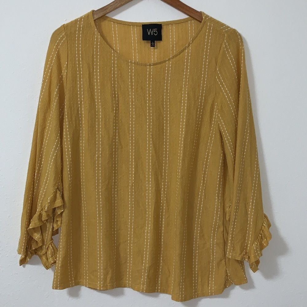 W5 Gold/Yellow Ruffle Sleeve White Striped Loose Fitting Blouse/Top